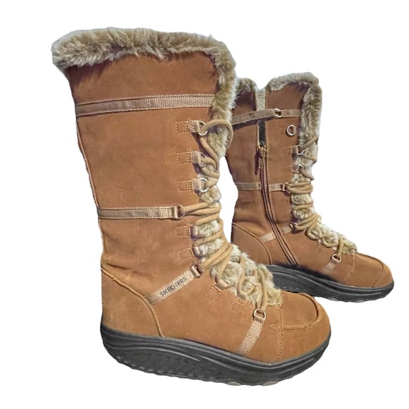 Skechers Shoes - Skechers Shape-Ups Winter Boots Lace Up Faux Fur SIZE 6.5 Brown Leather Womens